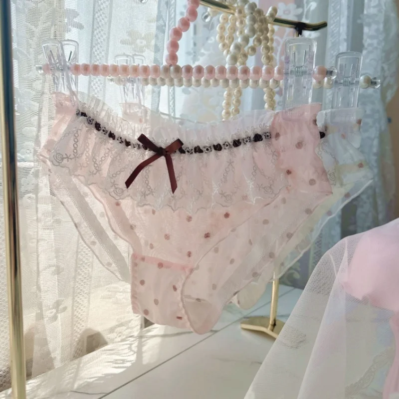 

Милые кружевные трусики в стиле Лолиты, сетчатые женские удобные трусы с рюшами и бантом, прозрачные мягкие трусы с низкой талией