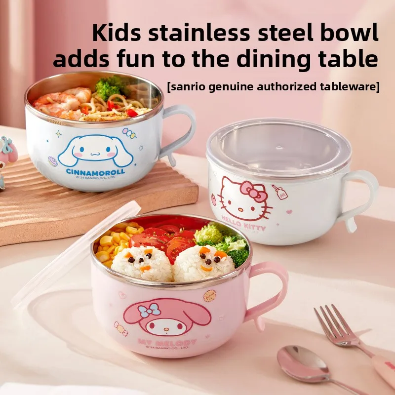 Cute Cartoon Stainless Steel Bowl With Lid Handle Anti‑Scald Rice Noodle Soup Bowl Portable Kids Dinnerware