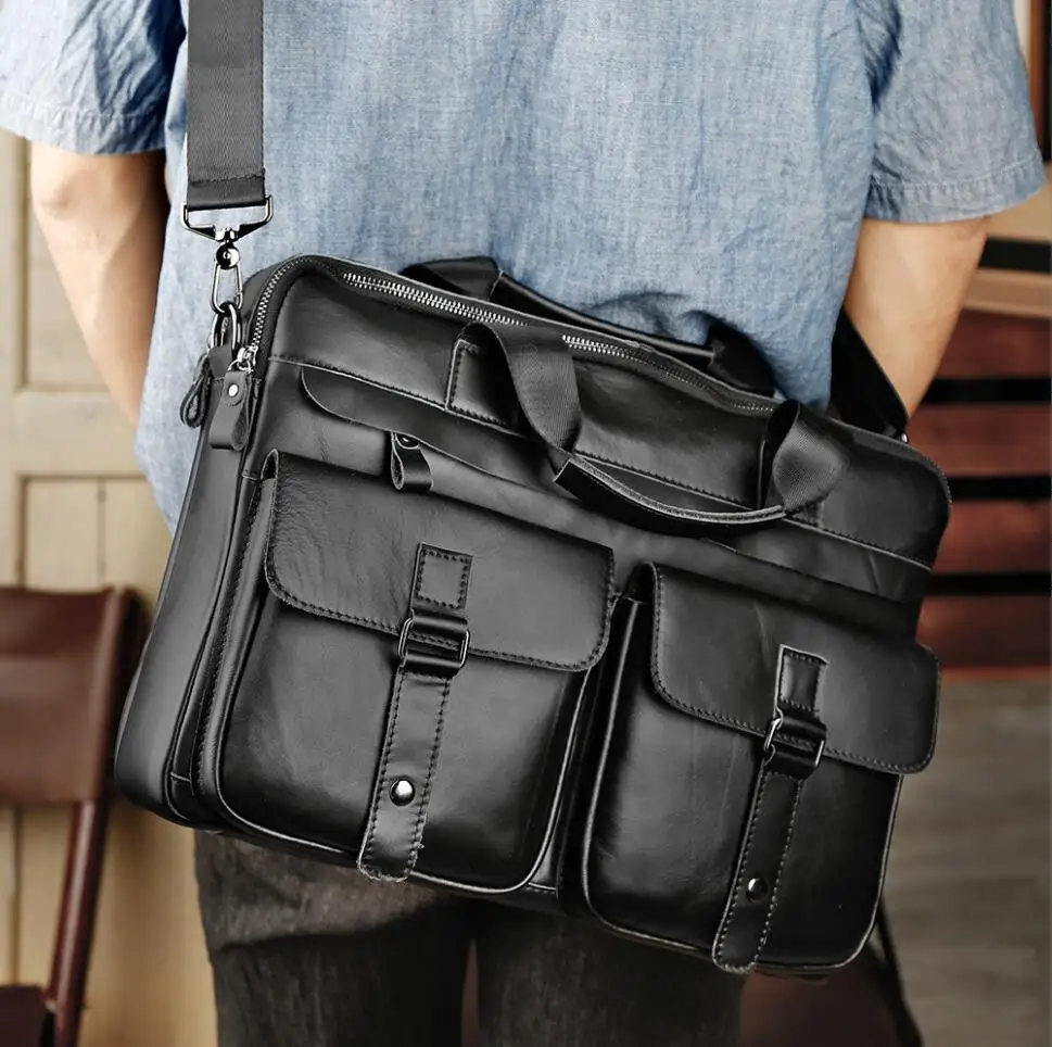 

Genuine Leather Men's Briefcases 15.6" Laptop Bag Office Bags for Men Document Business Shoulder Messenger Bag Handbag
