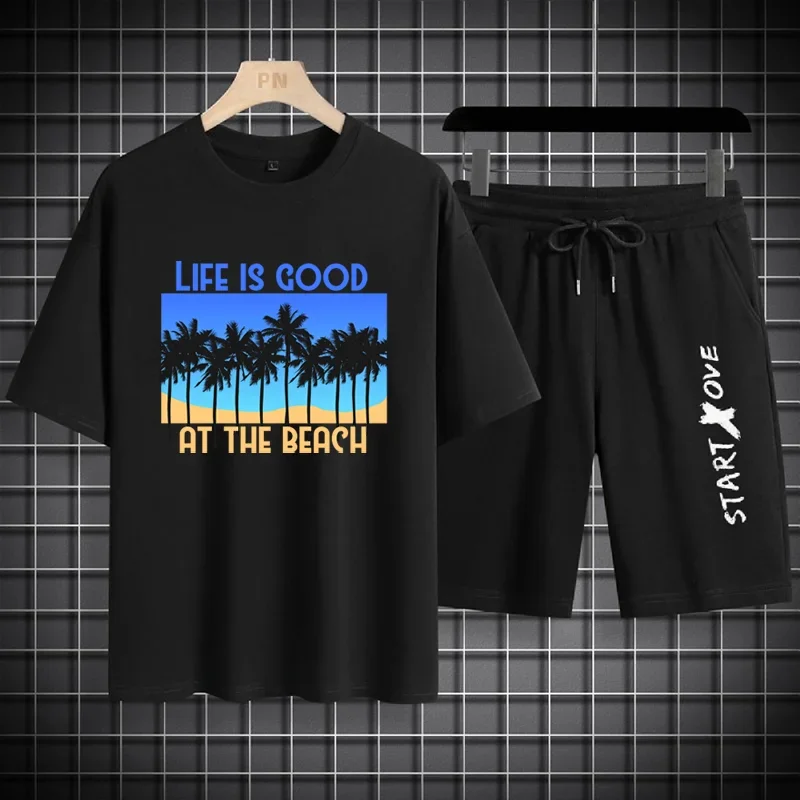 Conjunto de camiseta e shorts masculinos de verão 2025: blusa casual confortável para compras de corrida + camiseta esportiva casual legal masculina