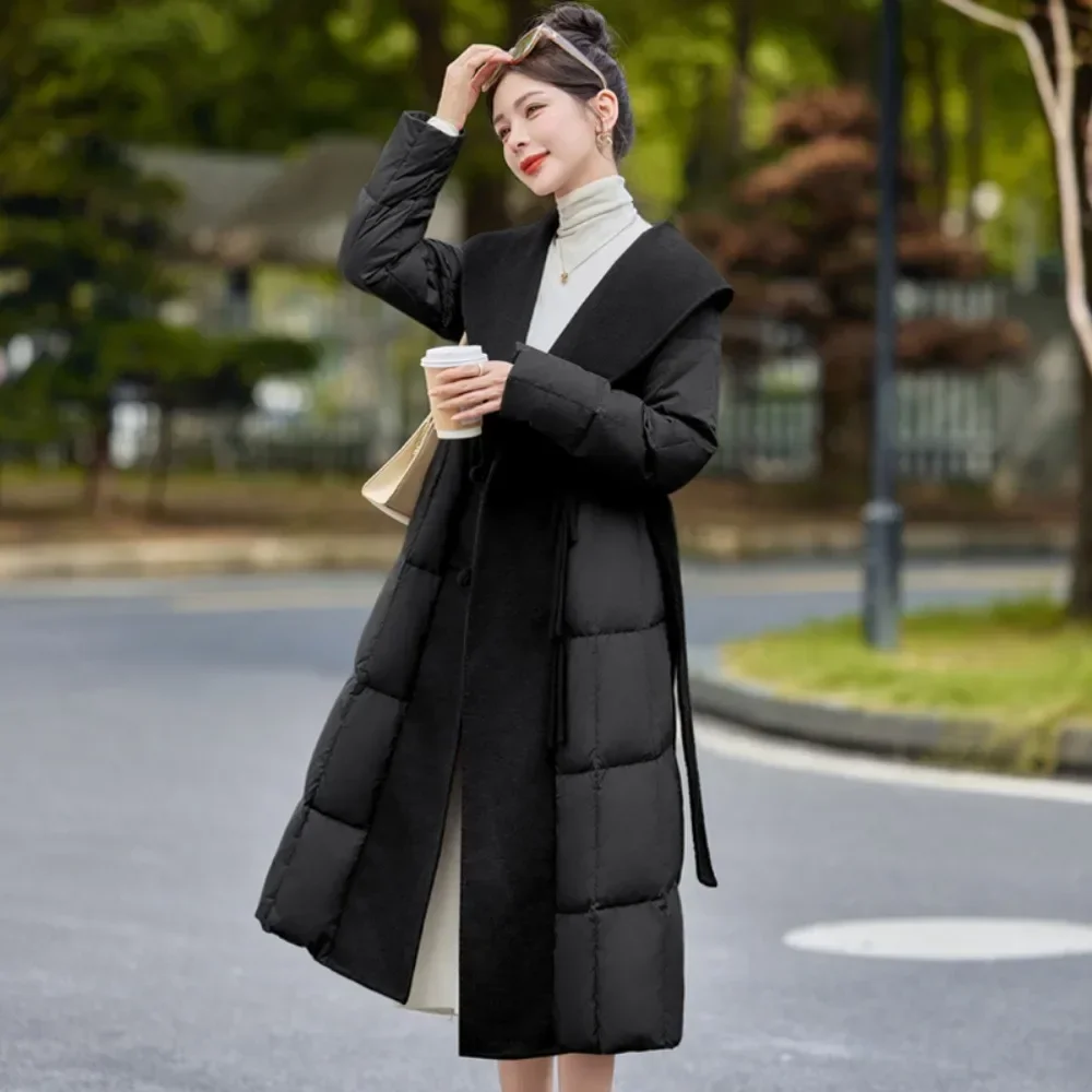 

Winter Down Jacket New European Style Long Puffer Jacket for 2025 Women Autumn Wool Patchwork Lady Feather White Duck Down Coat