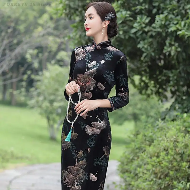 

Velvet Improved Cheongsam Women Sexy Qipao New Chinese Style Dress Autumn Winter New Vestidos Print Chinese Dresses 5XL Qipao