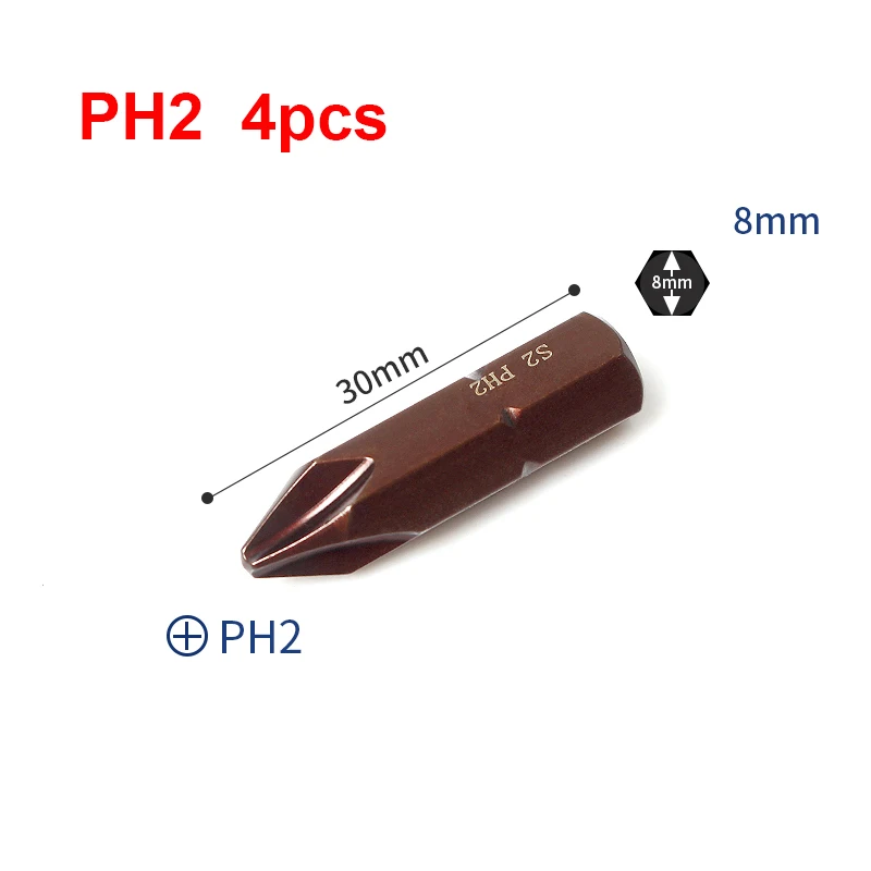 Curto Hex Shank Chave de fenda de impacto pesado, chave Phillips, S2 Alloy Steel Tool, PH1, PH2, PH3, PH4, comprimento de 30mm, 8mm, 4PCs, 5 pol, 16