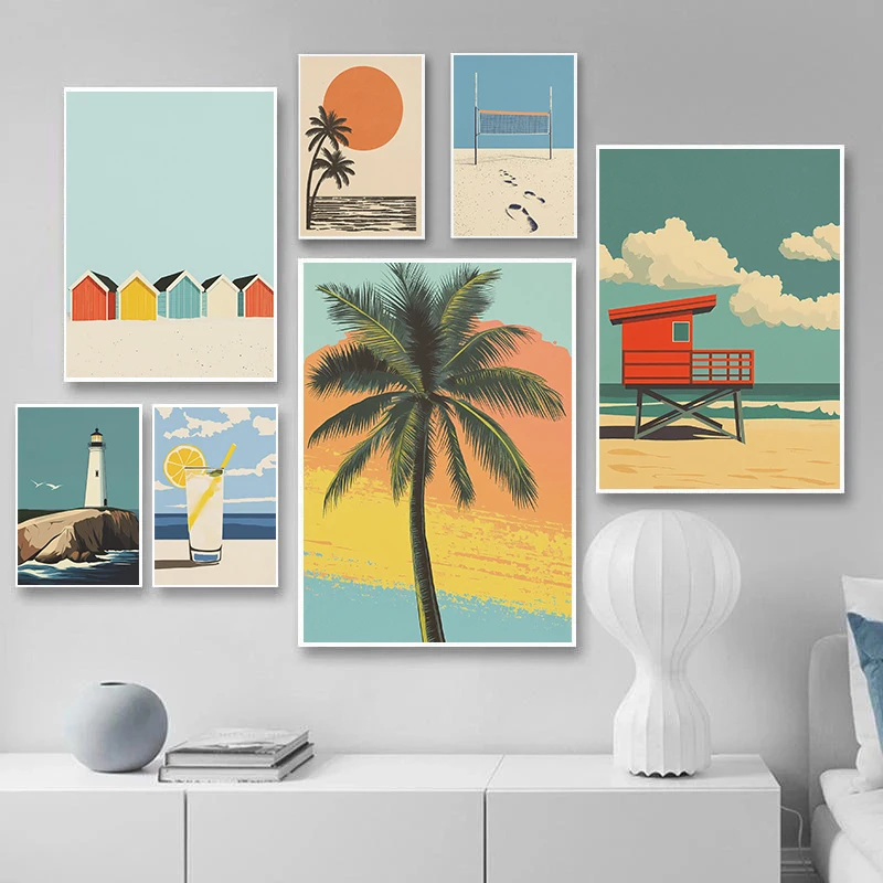Minimalist Summer Beach House Poster Palm Tree Prints Hammock Sunset Lemonade Canvas Painting Wall Pictures Vacation Home Dec