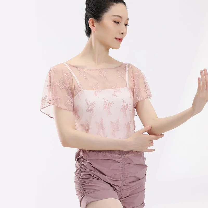 Top corto de Ballet para mujer, camiseta de baile de encaje, ropa de baile de bailarina, ropa de Ballet de manga corta, disfraces clásicos para