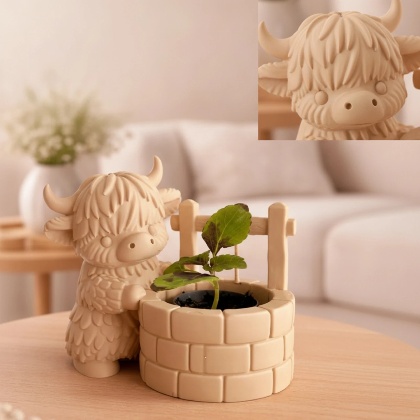 Highland Cow Planter Compact Cow Ornament with Flower Pot Farmhouse Sculpted for Windowsill, Shelf
