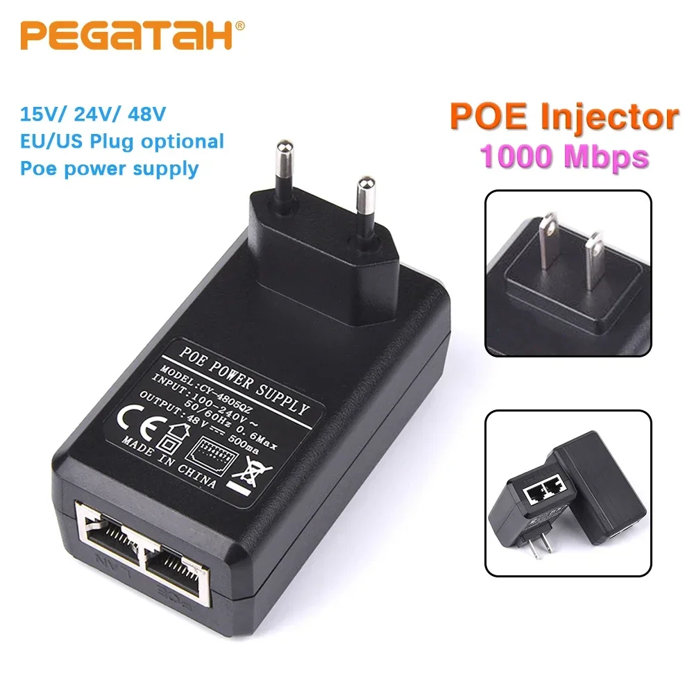 PEGATAH-POE Injector para CCTV, Plug UE para câmera IP, fonte de alimentação, adaptador Ethernet POE, AP telefone, 15V, 24V, 1A, 48V, 0.5A, 1000Mbps