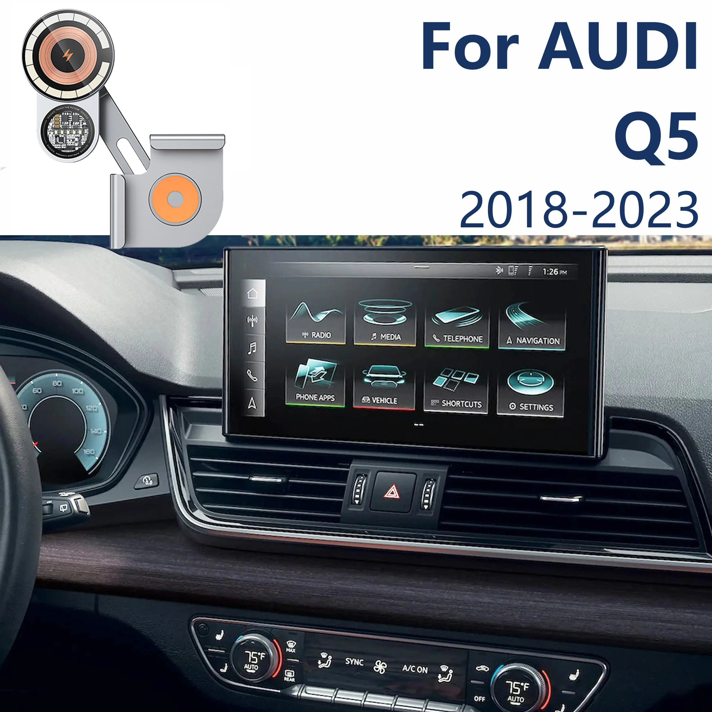 

For Audi Q5 2018-2023 Car Phone Holder Display Screen Fixed Magnetic Suction Wireless Charging Stand Aluminum Alloy Base Mounts