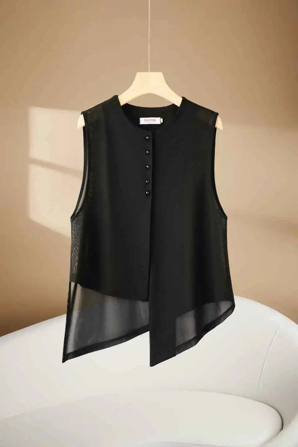 

Summer Me Vest Women's ort Thin Sle Versatile Slimming Asymmetric Outerwear XIAUNSIA round Ne Polyester Fiber