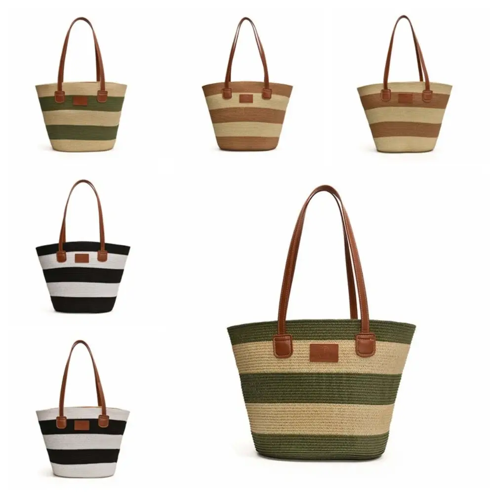 Large Capacity Stripe Woven Tote Bag Polyester Lightweight Shopping Straw Bag Contrast Color Leather Summer Beach Handbag