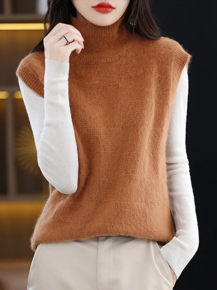 Autumn Winter Women's Turtleneck Cashmere Sweater Vest Thick Pullovers 100% Mink Cashmere Knitwear Sleeveless Waistcoat Tops New