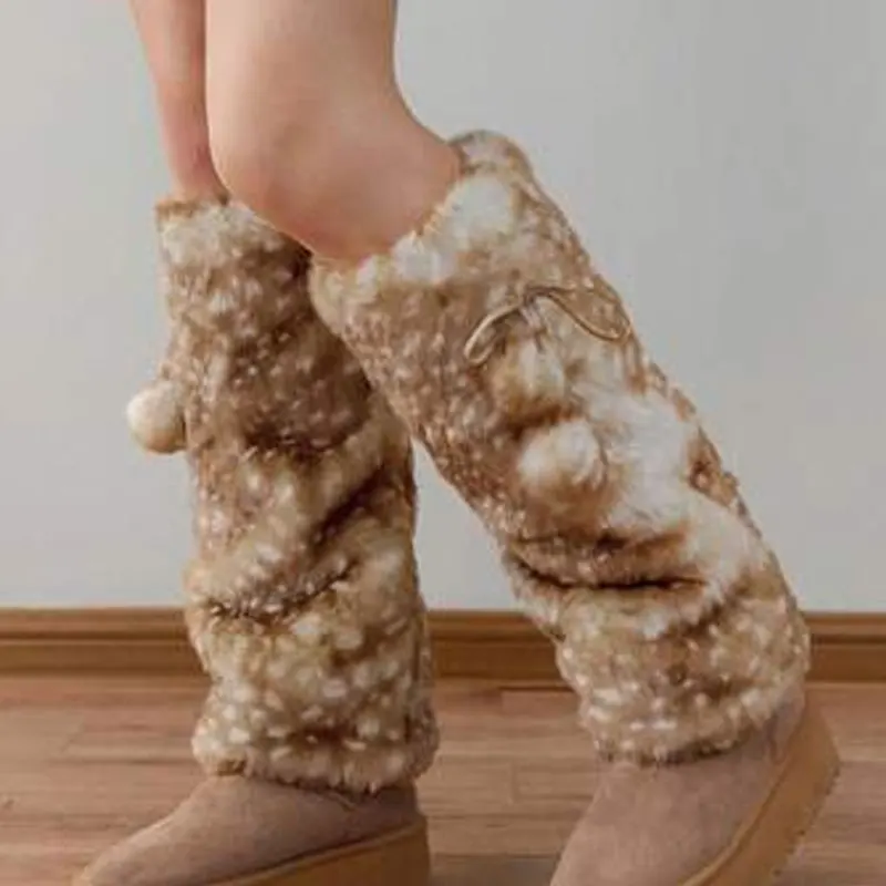 

Winter Furry Fleece Mid-Calf Socks Kawaii JK Deer Print Faux Fur Plush Leg Warmers Costume Cosplay Boots Socks Chrismas Gifts