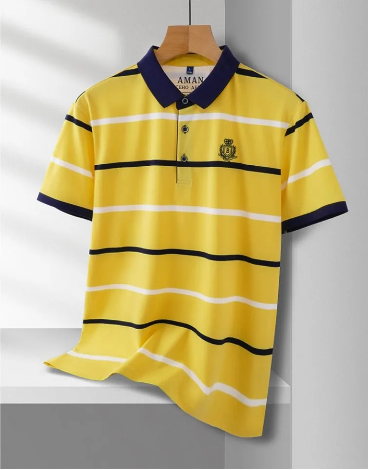 أزياء مخططة الرجال قصيرة الأكمام قميص بولو الصيف جديد فاخر العلامة التجارية إلكتروني التطريز حريري تنفس عالية الجودة تي شيرت