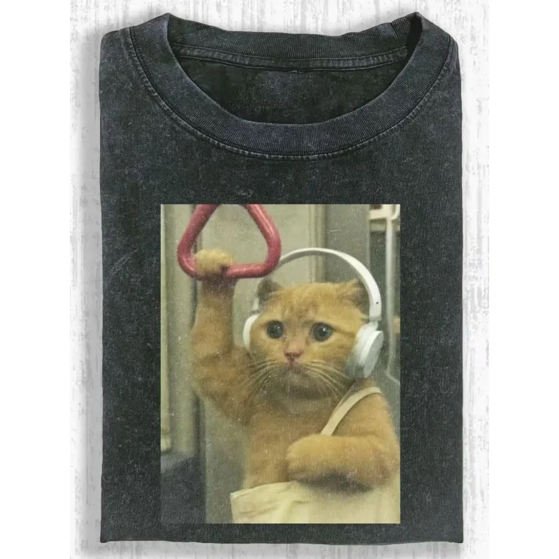 Funny Orange Cat Subway Headphones Meme T-Shirt Vintage Distressed Cute Kitten Commute Novelty Tee Casual Short Sleeve Tops