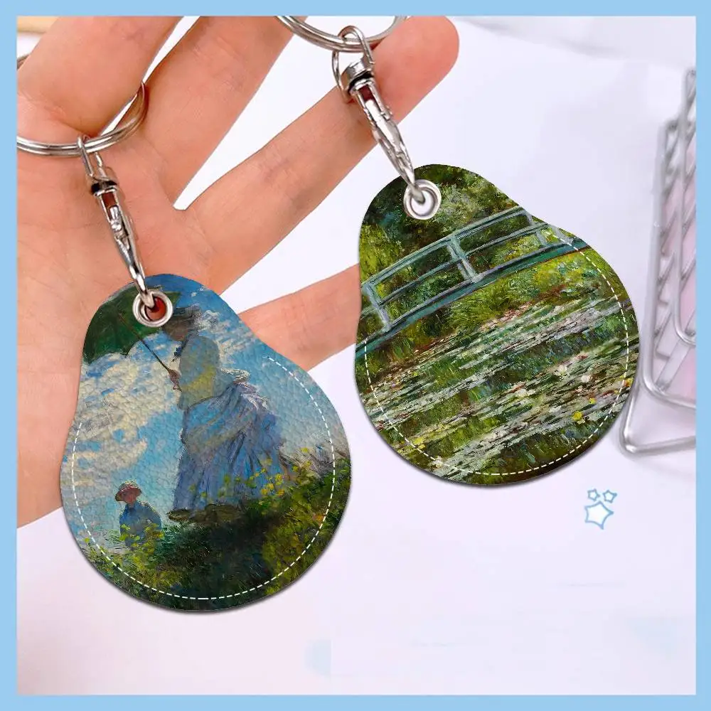 C-claude Monet Key Fashion PU Water Shape Keychain Women Car Key Holder Home Key Ring Charm Bag Car Pendant Gift