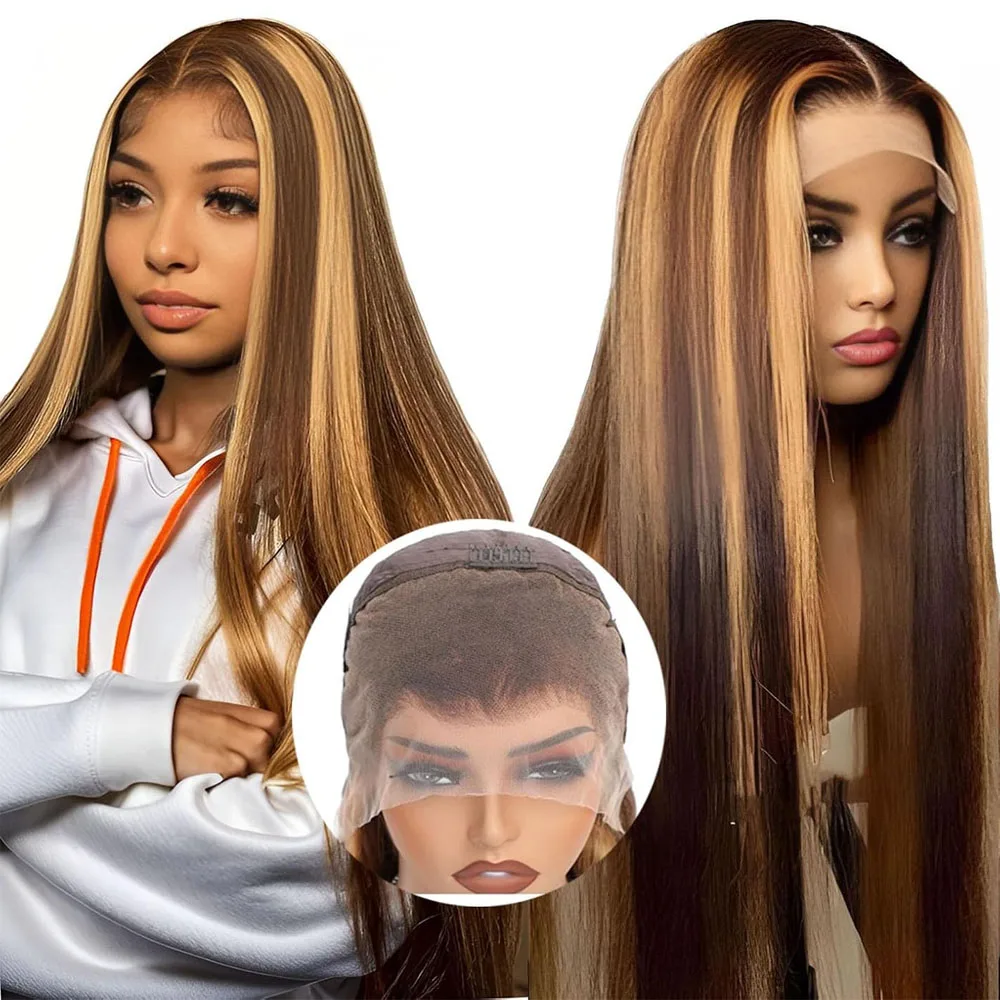 

26 inch 250% Density 13x4 Full Frontal HD Transparent Lace Pre Plucked Straight Lace Front Wig Human Hair Brown 4/27 Colored