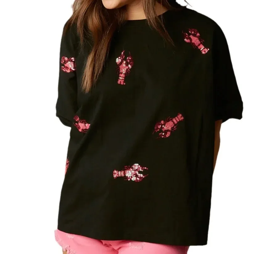 2024 Spring and Summer New European and American Clothing Loose Casual T-Shirt Top Lobster Sequin Short Sleeve