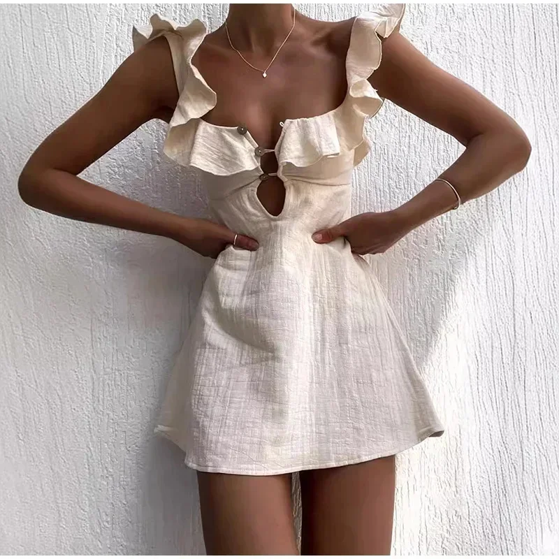 Elegant Cotton Linen Hollow Out Mini Dress Women Square Neck Backless Buttons Ruffles Sexy Short Dresses Summer Holiday Vestido