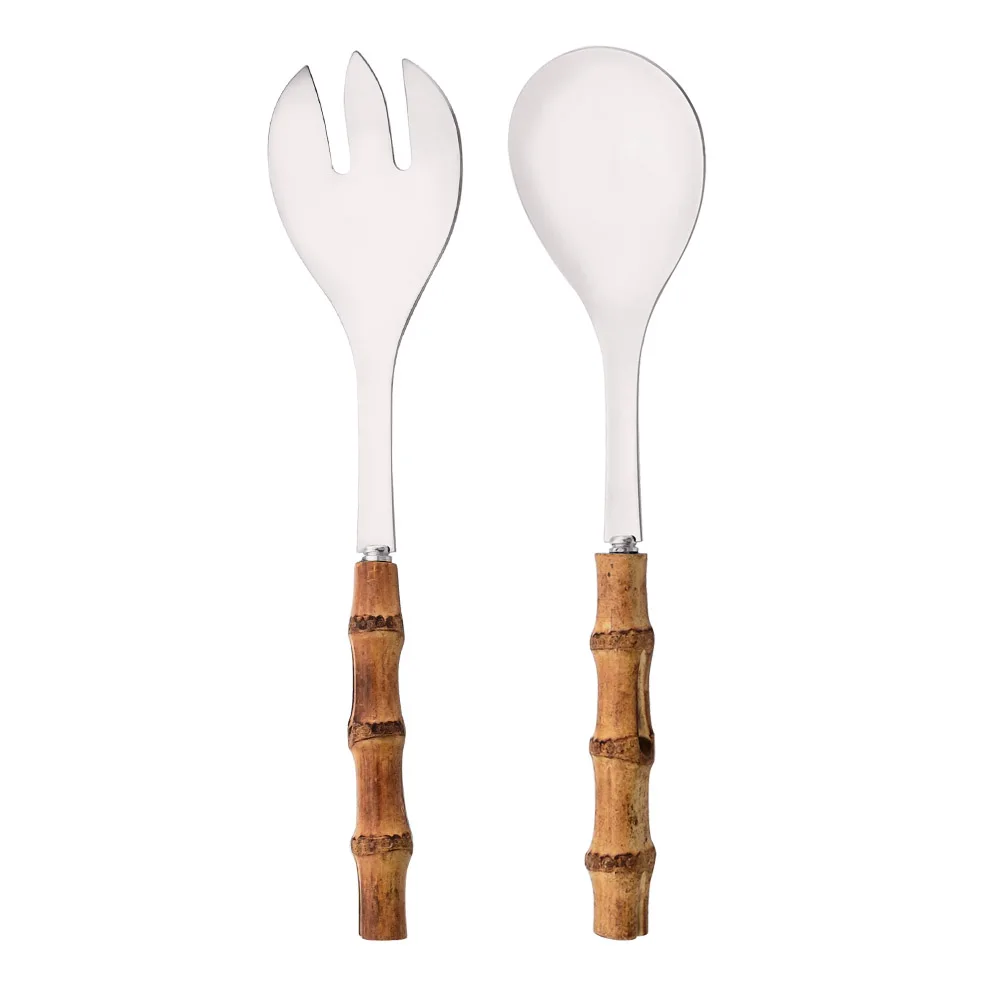 2Pcs Silver Dinnerware Cutlery 304 Stainless Steel Wood Bamboo Handle Food Serving Salad Spork Server Fork Spoon Tableware Set