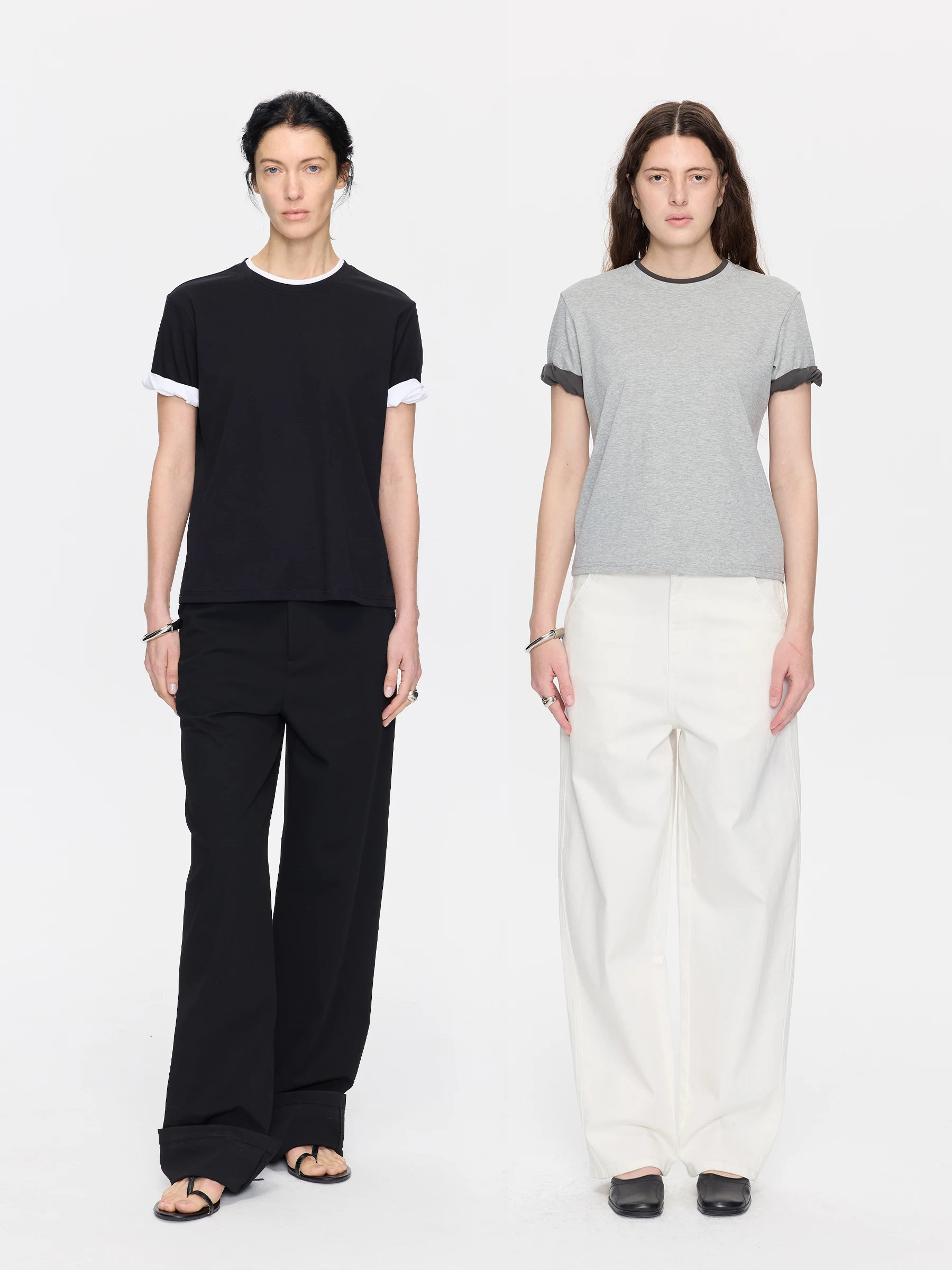 

Повседневная футболка Lyuocheng Casual Roll Bi-color в минималистичном стиле, свободного прямого кроя, из комфортного хлопка, с коротким рукавом и круглым вырезом