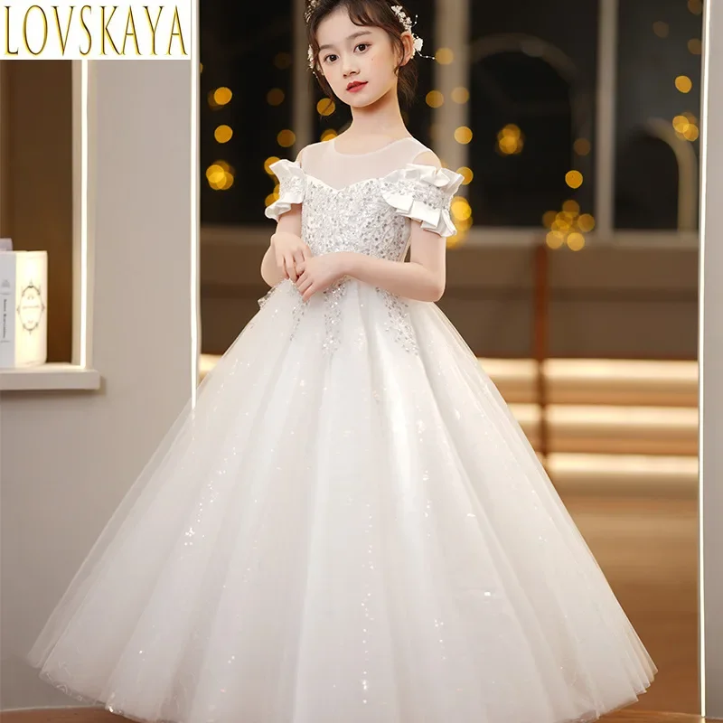 New Youth Girl Princess Mesh Dress Wedding Flower Girl Dress School Competition Piano Long Performance Dress Aged 3-12