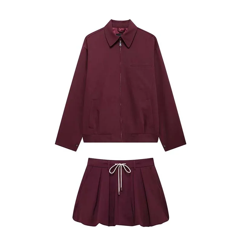 SIYANG Tied Lantern Mini Skirt Sets For Women 2 Pieces 2024 New Fashion Zipper Jacket Women Suit Casual 2 Piece Set Women Outfit