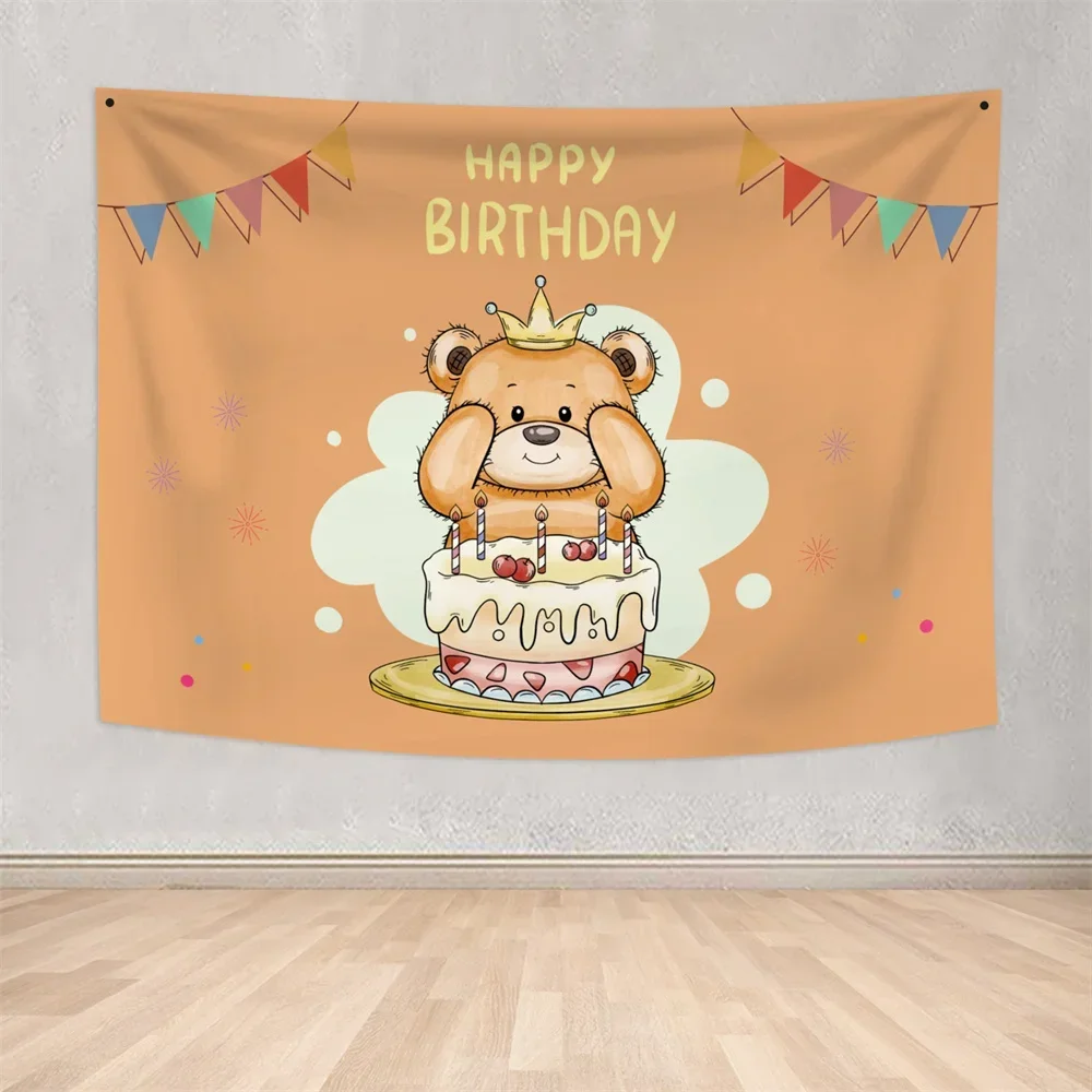 Birthday Background Tapestry Wall Hanging White Letters Cartoon Bear Tapestries Kids Room Decor Party Decoration