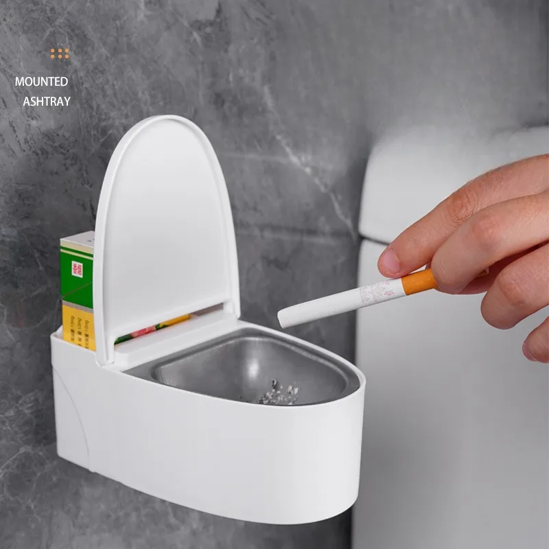 1pc Creative Toilet Ashtray, Bathroom with Lid, Stainless Steel, Self-adhesive and Traceless Sticker, Can Hold Mobile Phone