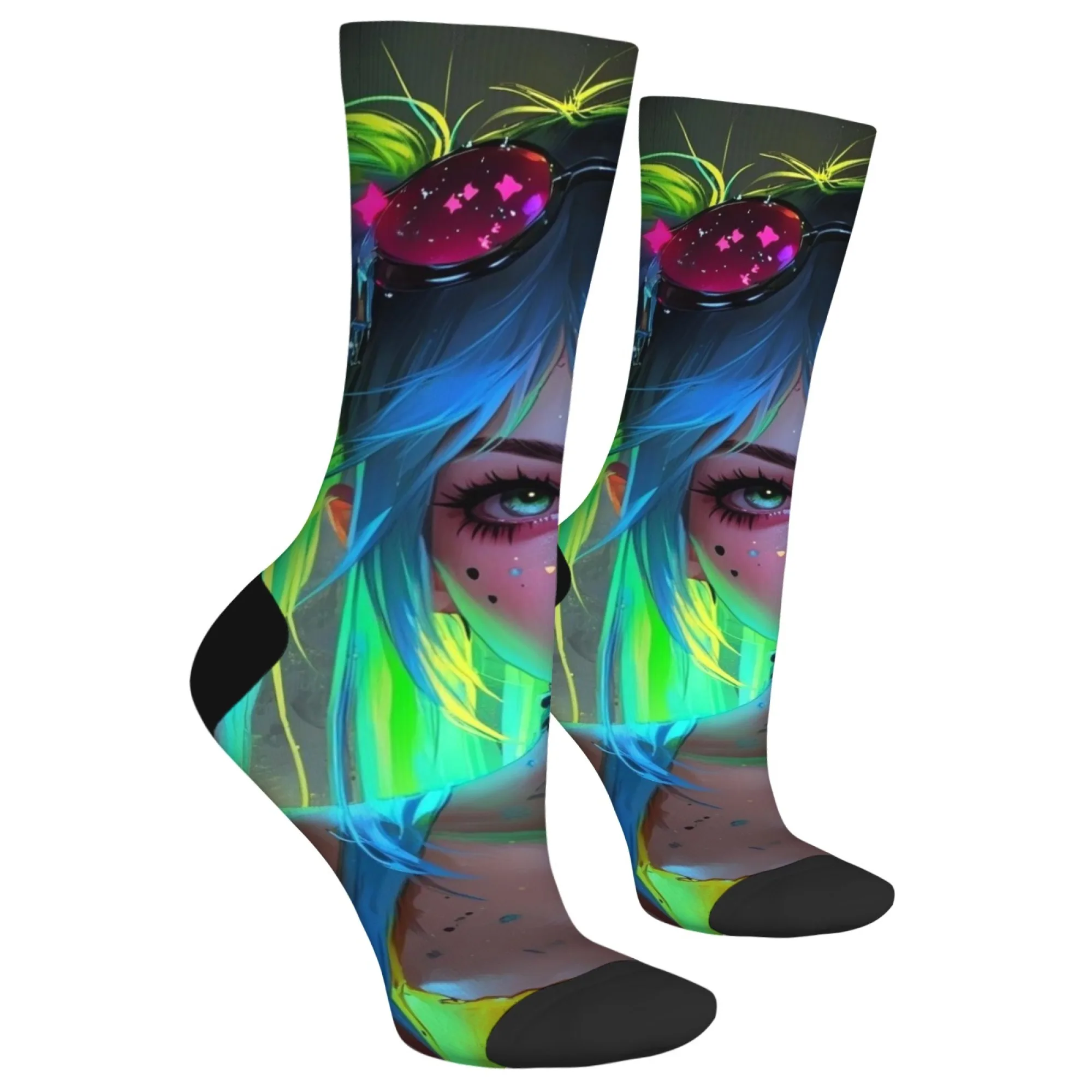 جوارب نيون مريحة جاهزة للحفلات بقاعدة فضية معدنية مع لامعة باللون الأزرق والأخضر للنساء بحواف نيون سماوية احتفالية لـ Cyberpunk Raves