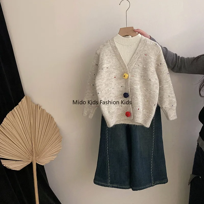 Girls' Korean Style Autumn/Winter Knitwear Two-Piece Top Set Fleece-Lined Casual Loose-Fit Denim Trousers Two-Piece Set Trendy