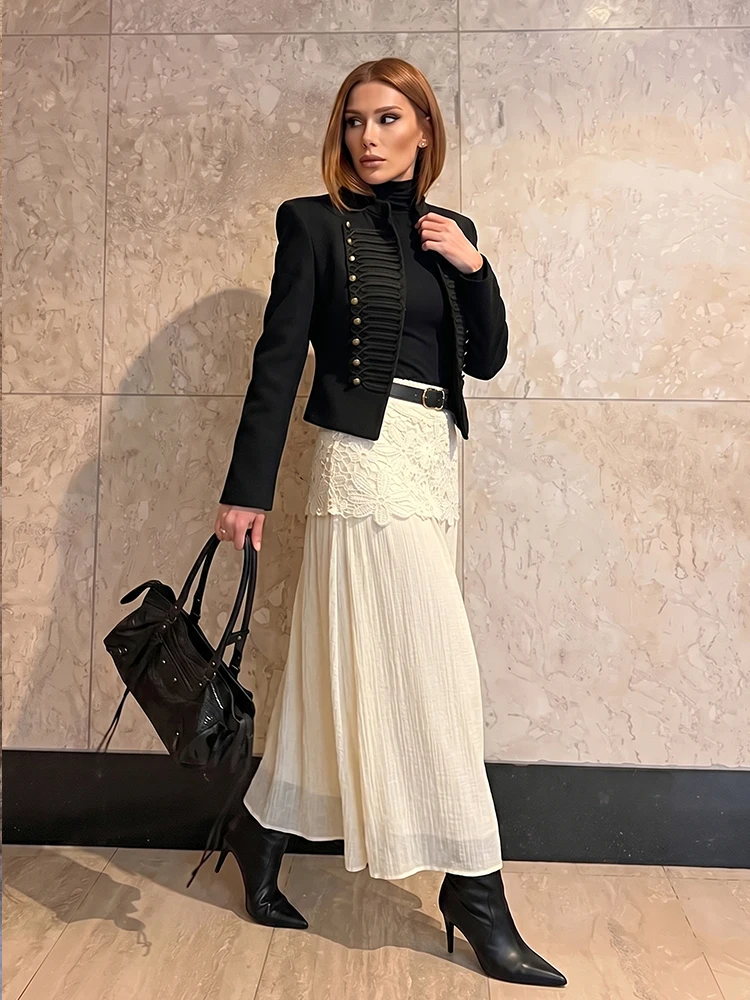 HH 2026 Summer Women's Crochet Hollow Lace Layered Long Skirt High-waisted Flowing Skirt Elegant Daily Holiday Ofice Bottoms