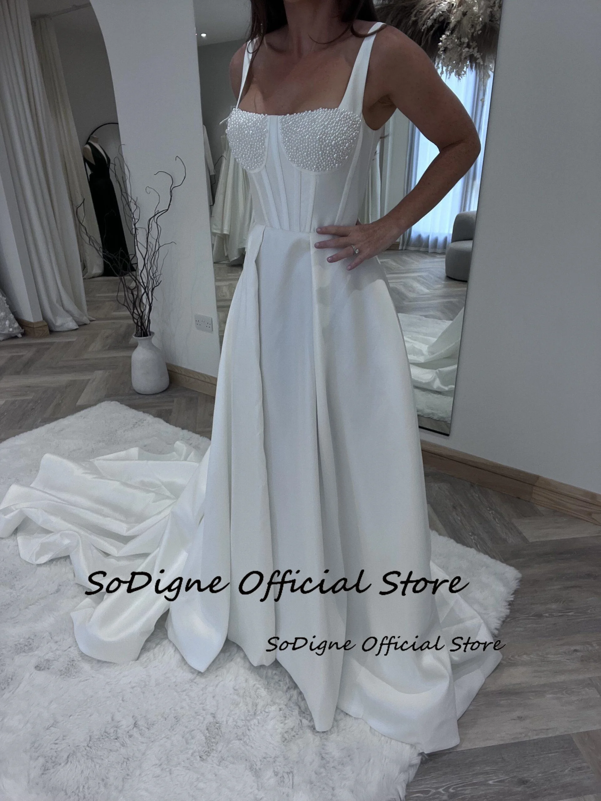    SoDigne – robe de mariée trapèze en Satin, col carré, sans manches, avec perles, personnalisée, 2026