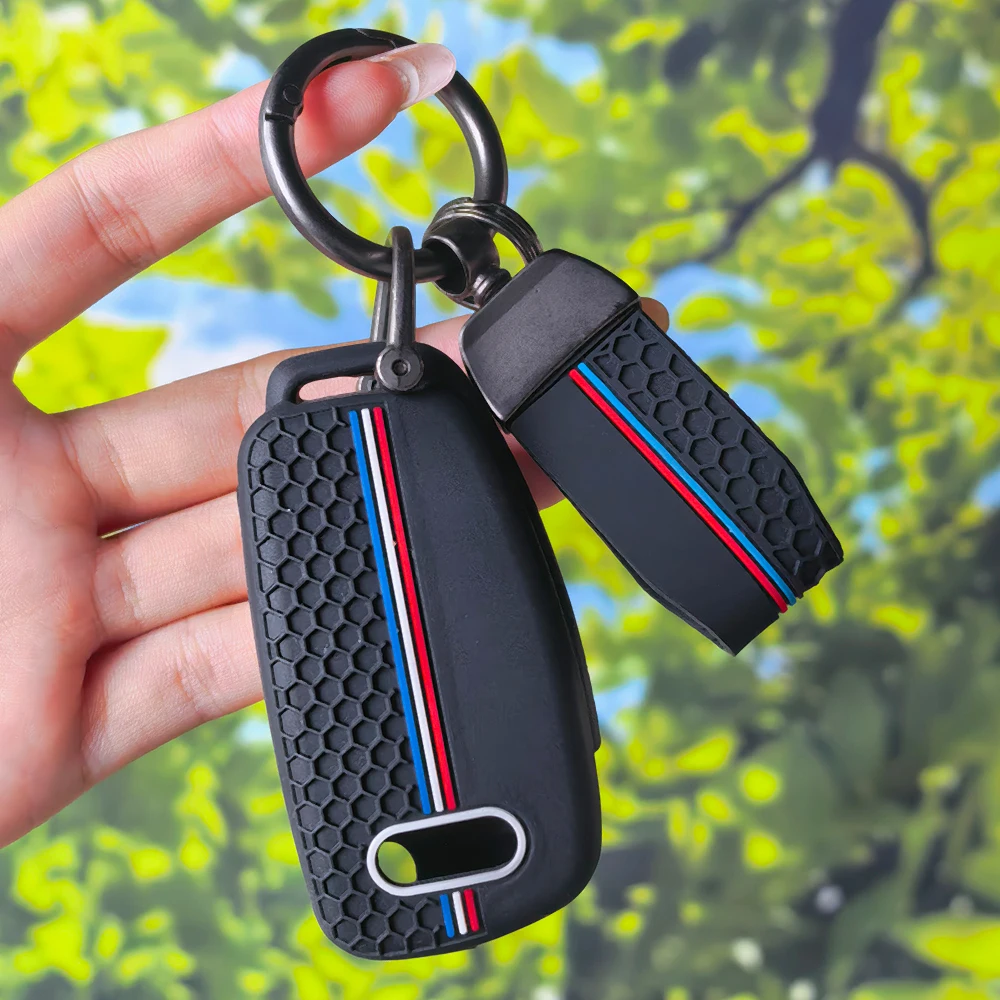 Tri‑Color Racing Stripe Honeycomb Key Shell With Keychain For Audi A4 B7 A6 C6 4F 8V A3 8P A1 Folding Remote Key Protector