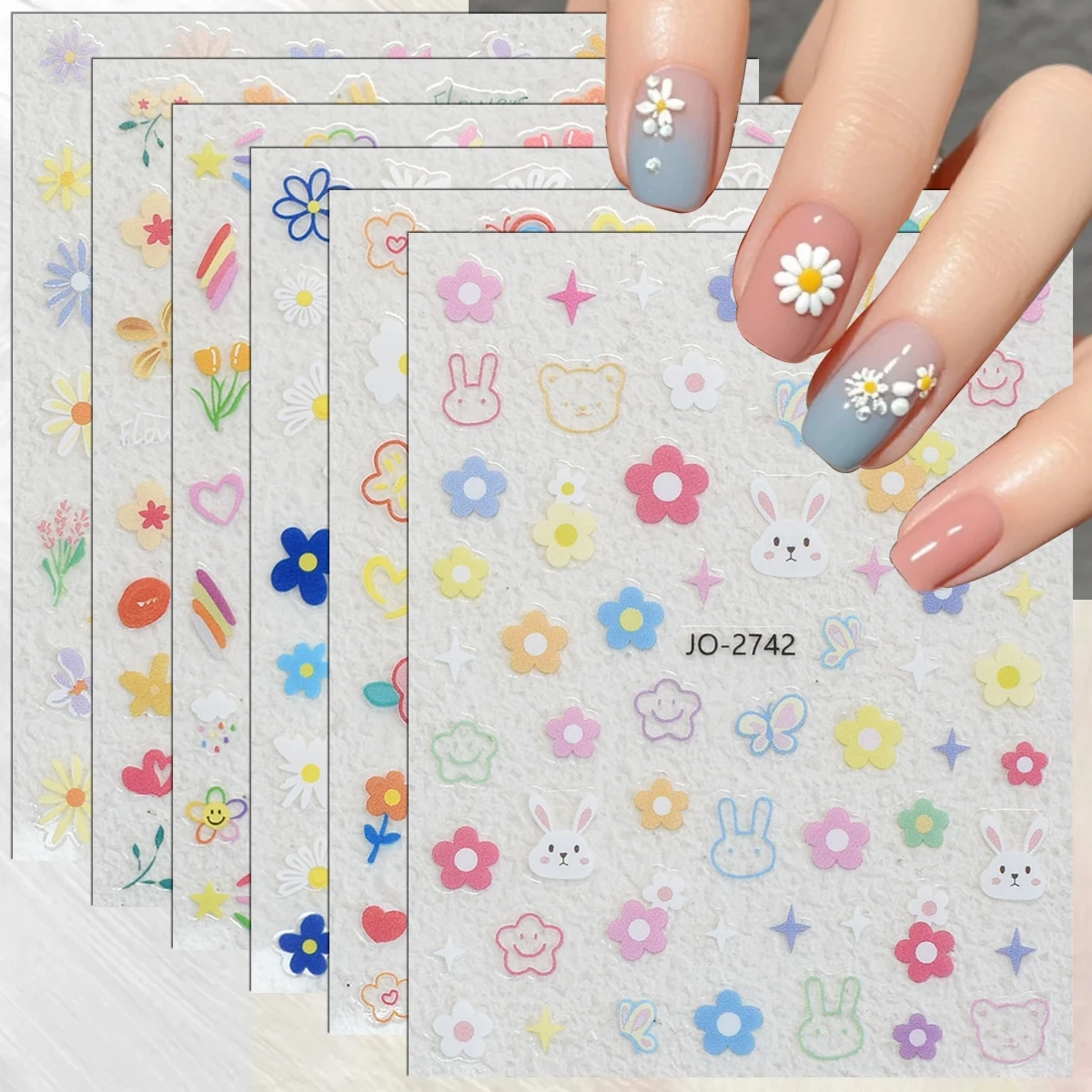 3/6/12 Blatt Bunte Blumen-Nagelaufkleber, 3D Geprägte Gänseblümchen-Herz-Schmetterling-Nagelsticker, Selbstklebende Nagelkunst