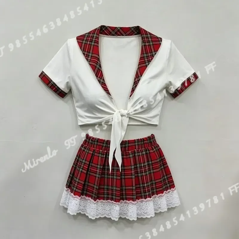 Schoolgirl Cosplay Lingerie Set Red Plaid Tie Front Crop Top Lace Trim Mini Skirt Outfit