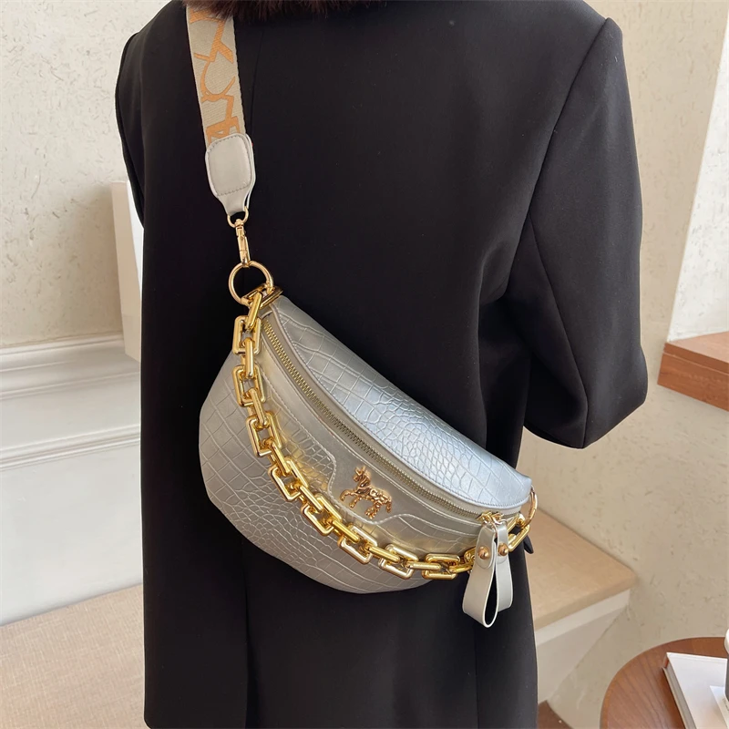 Crocodile Crossbody Bag Women Fashion Chain Waist Bag PU Leather Fanny Pack Designer Handbags Female Belt Bag Travel Chest Bag