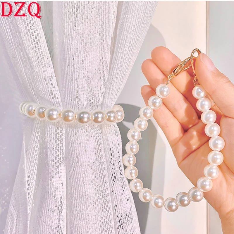 

1 Pair White Pearls Curtain Tieback Pearls Buckle Ring Hanging Rings Ropes Curtain Accessories Easy To Install #A109