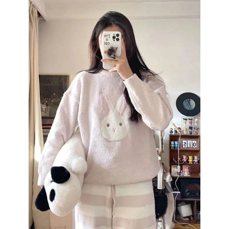 Sweet Cute Rabbit Stuffed Knitting Pajamas Women's Winter New Thickened Heattech Stripes Pants Homewear Suit