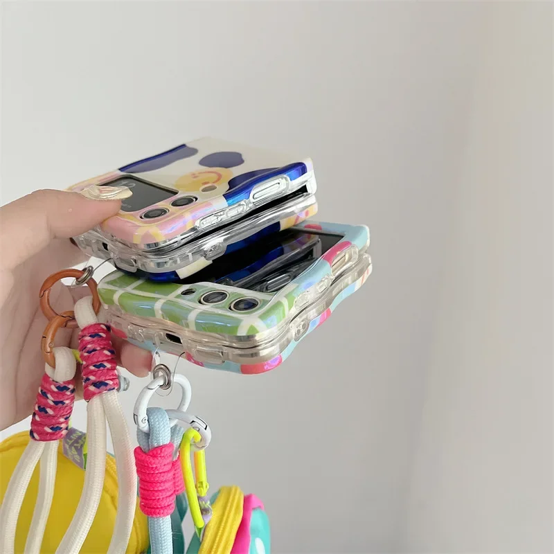 Cartoon Cute Happy Face Phone Case for Samsung Galaxy ZFlip6 4 3 Hard Cover for ZFlip5 Flip3 Zflip4 Solid Shell Bracket