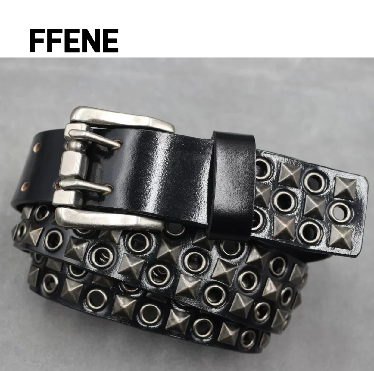 

High-end design, punk, eye-catching, perforated, riveted, men's genuine leather belt, cool, women's double-stitched buckle belt