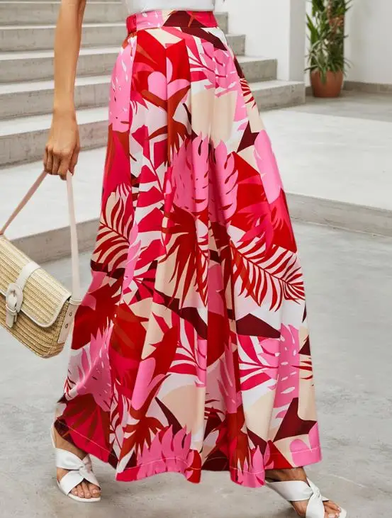 

Women's Summer Print Bohemian High-Waisted Wide Leg Chiffon Pants Vacation Style Beachwear