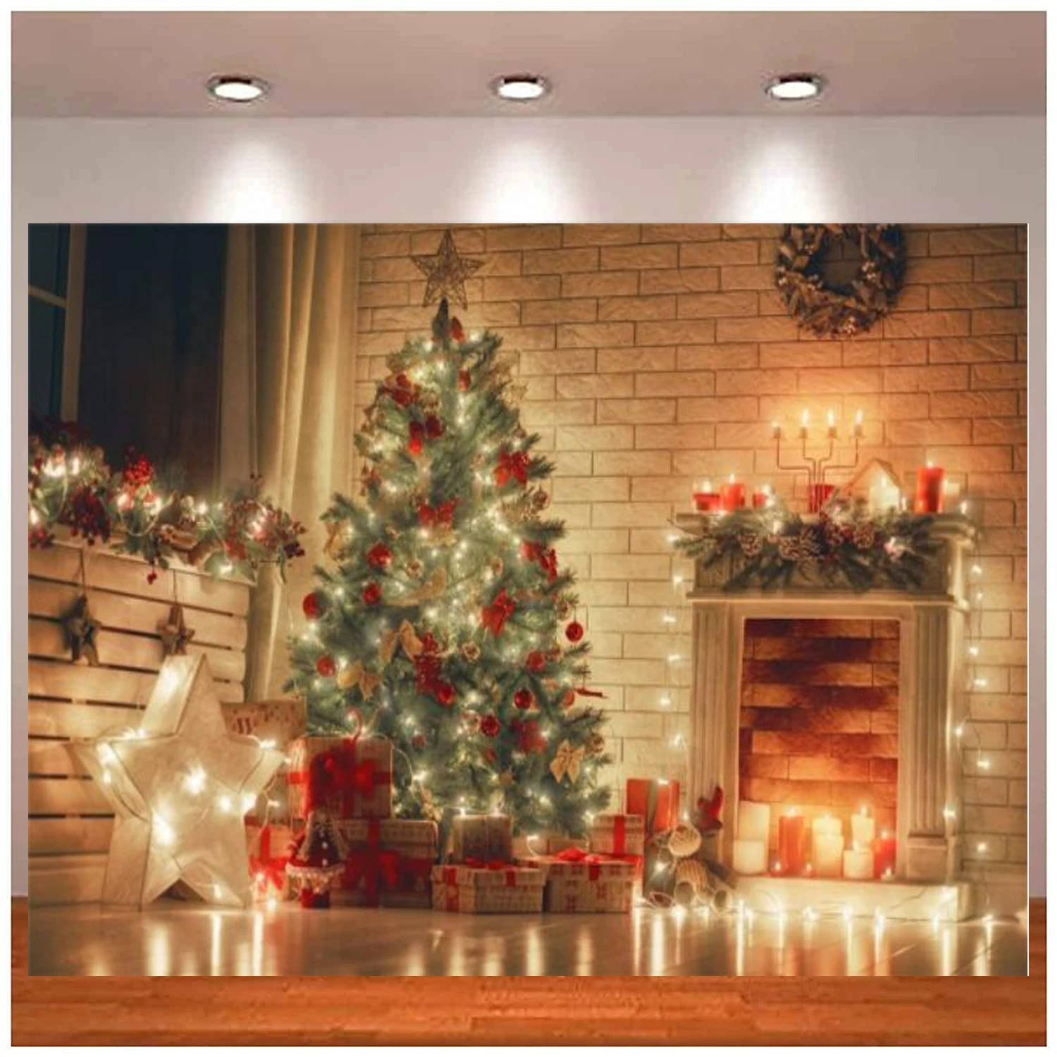 Christmas Living Room Photography Backdrop New Year Tree Fireplace Xmas Light Gift Background Holiday Festive Interior Party