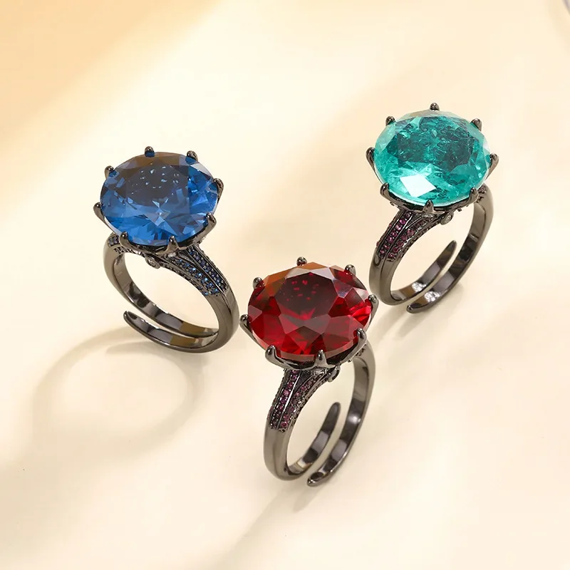 

Adjustable Gemstone Ring Exquisite Black Plates with Round Blue Red Green Gemstones Elegant and Stylish Jewelry Women Perfect