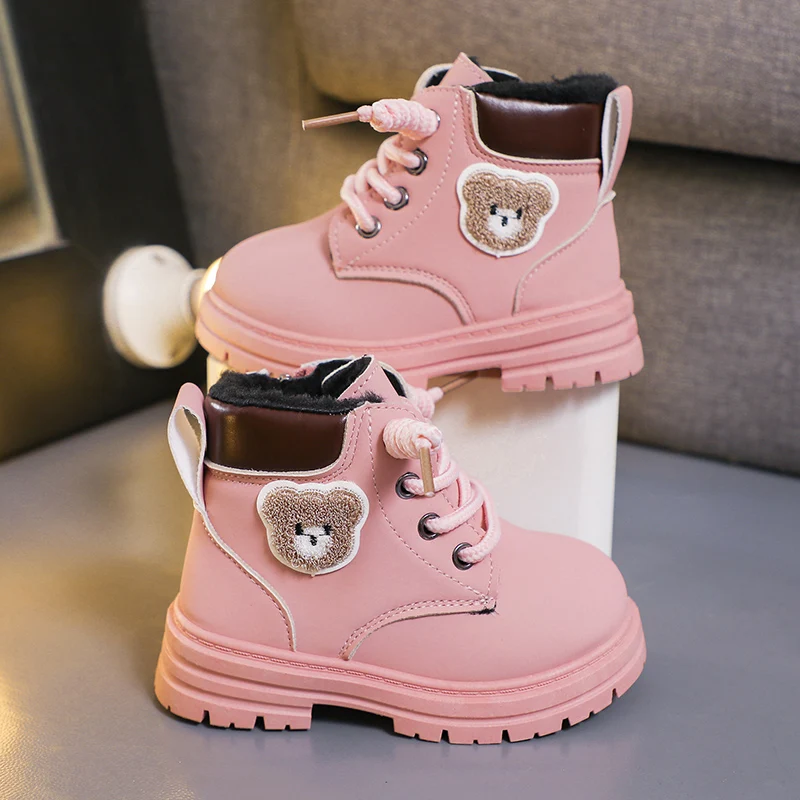 New Children's Fashion Boots Winter Thickened Fleece Boys Girls Anti Slip Warm Leather Boots Solid Cute Bear Kids Casual Shoes