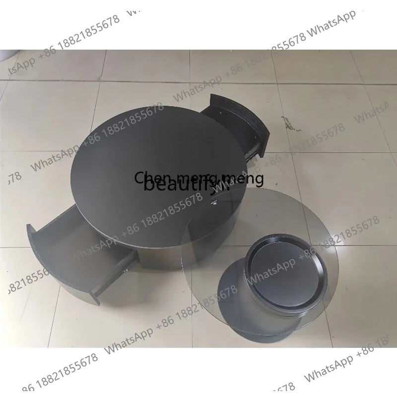 new Zq-Italian Solid Wood Stone Plate, Modern Minimalist Living Room Size, Round Household Tempered Glass, Pure Black Tea Table