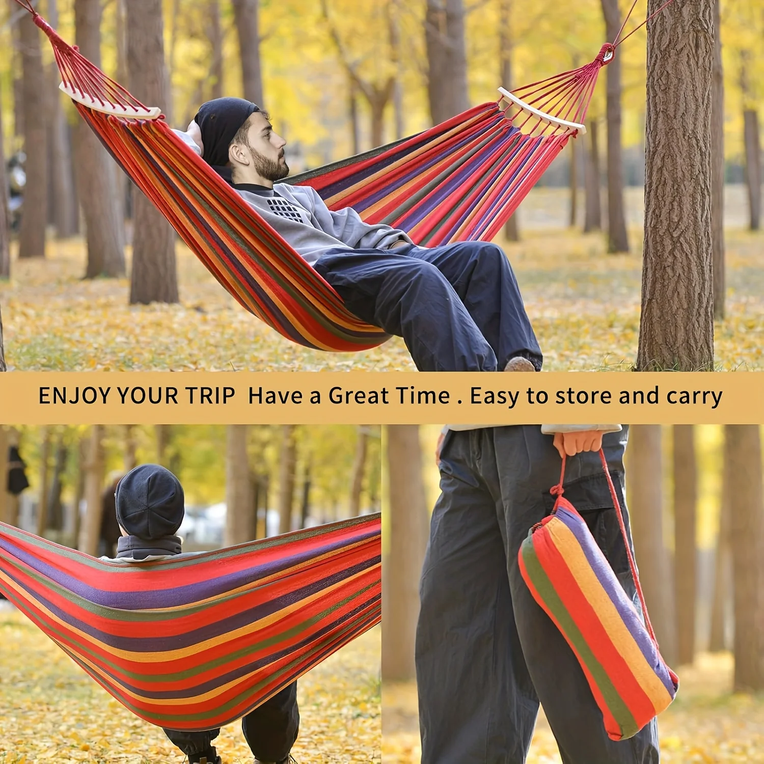 Trendy Striped Outdoor Hammock with Safety Upgrade - Anti- Tipping Design for Double Stability, and Portable Storage for Easy C