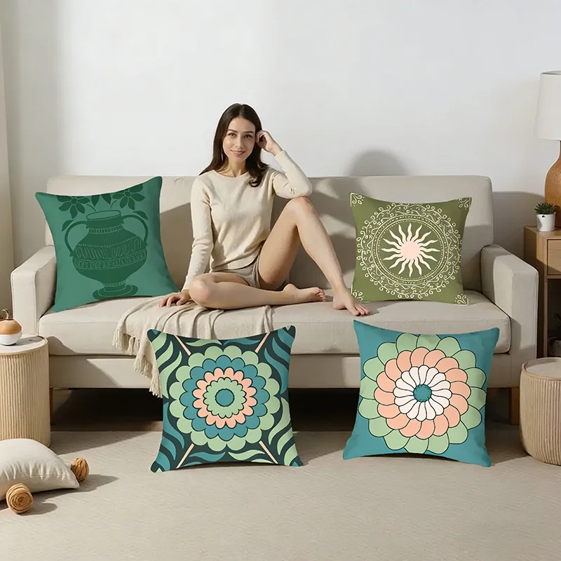 

Boho Green Floral Mandala Cushion Cover Peach Skin Retro Sun Throw Pillow Case For Living Room Sofa Bed Couch Home Decor Indoors