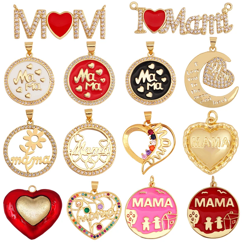 Fashion Heart Shape Mama Charm Pendant,Classics Love Colorful Cubic Zirconia Real 18K Gold Plated Craft Jewelry Supplies K84