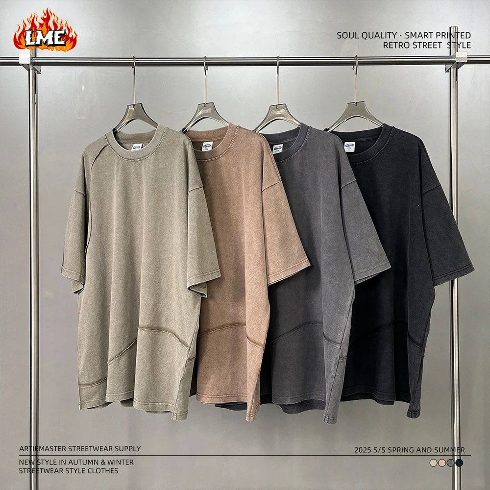 

Custom Logo Vintage Batik Acid Washed Men Shirt Oversized Drop Shoulder Loose Retro Round Neck Men Cotton Blank T Shirt