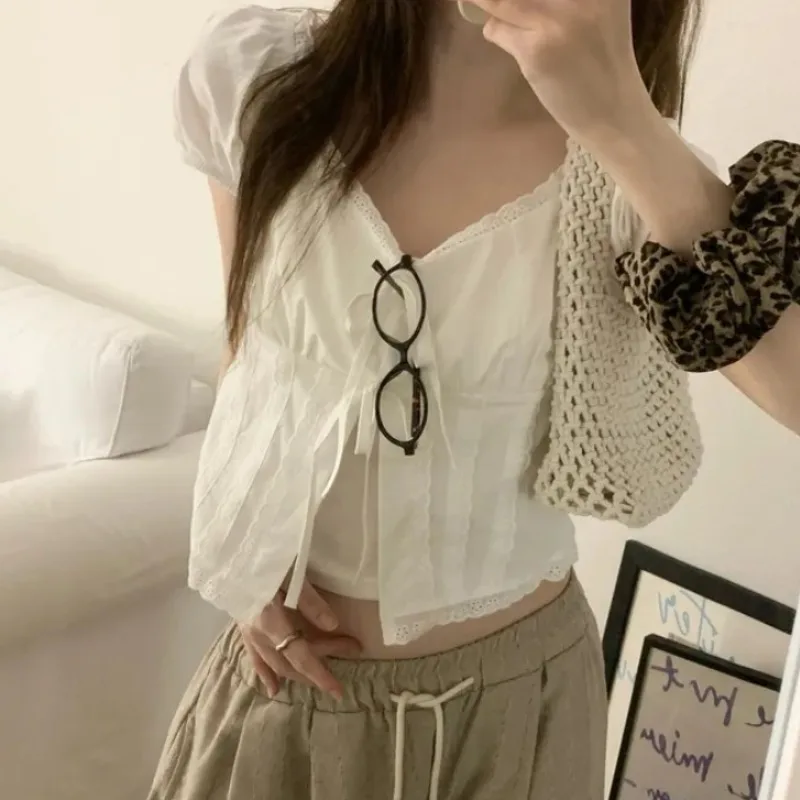 

Милое летнее корейское женское шифоновое платье ort Sve Bindi, укороченный топ с галстуком и квадратным воротником, открытая сторона, пупок, воздействия